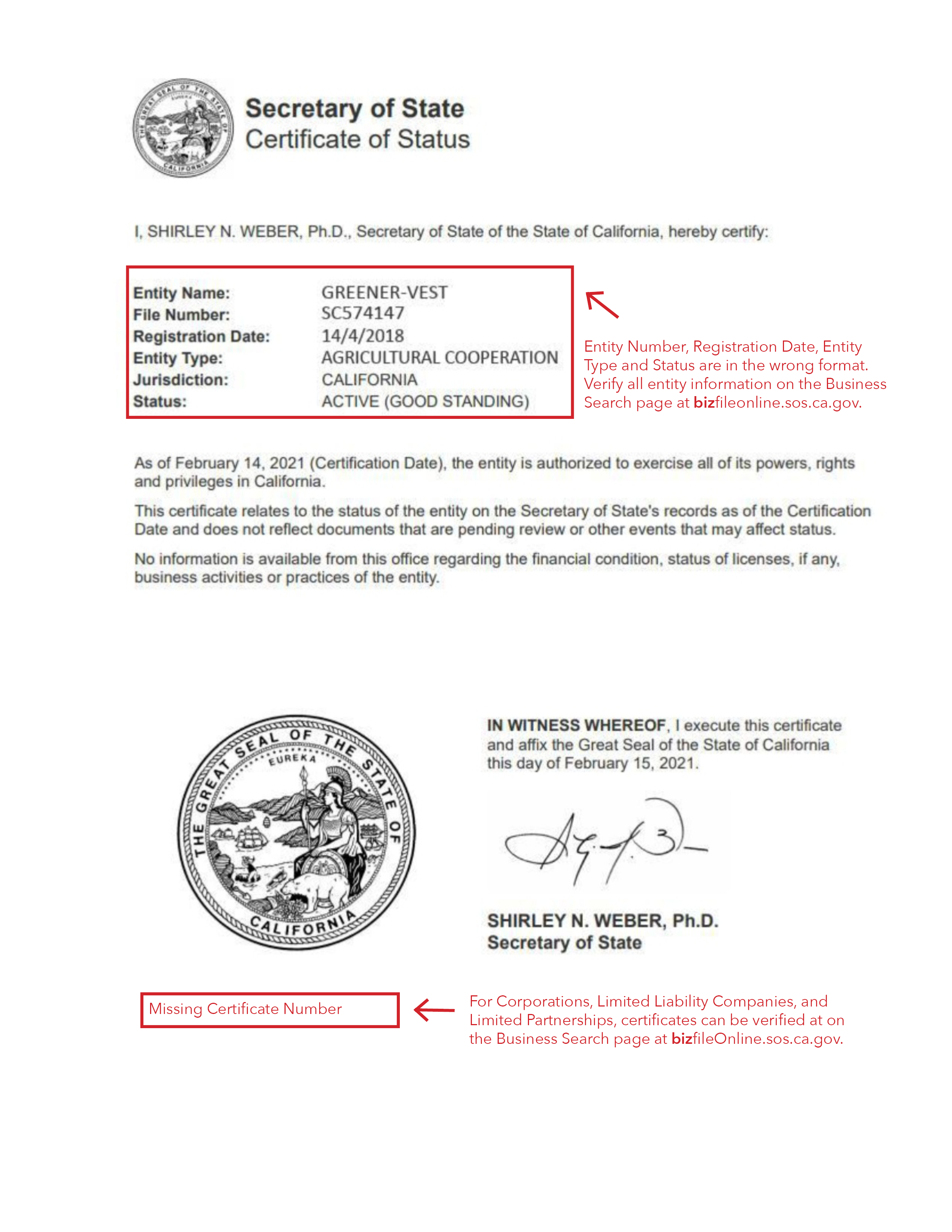 Fraudulent Certificate of Status Example 1