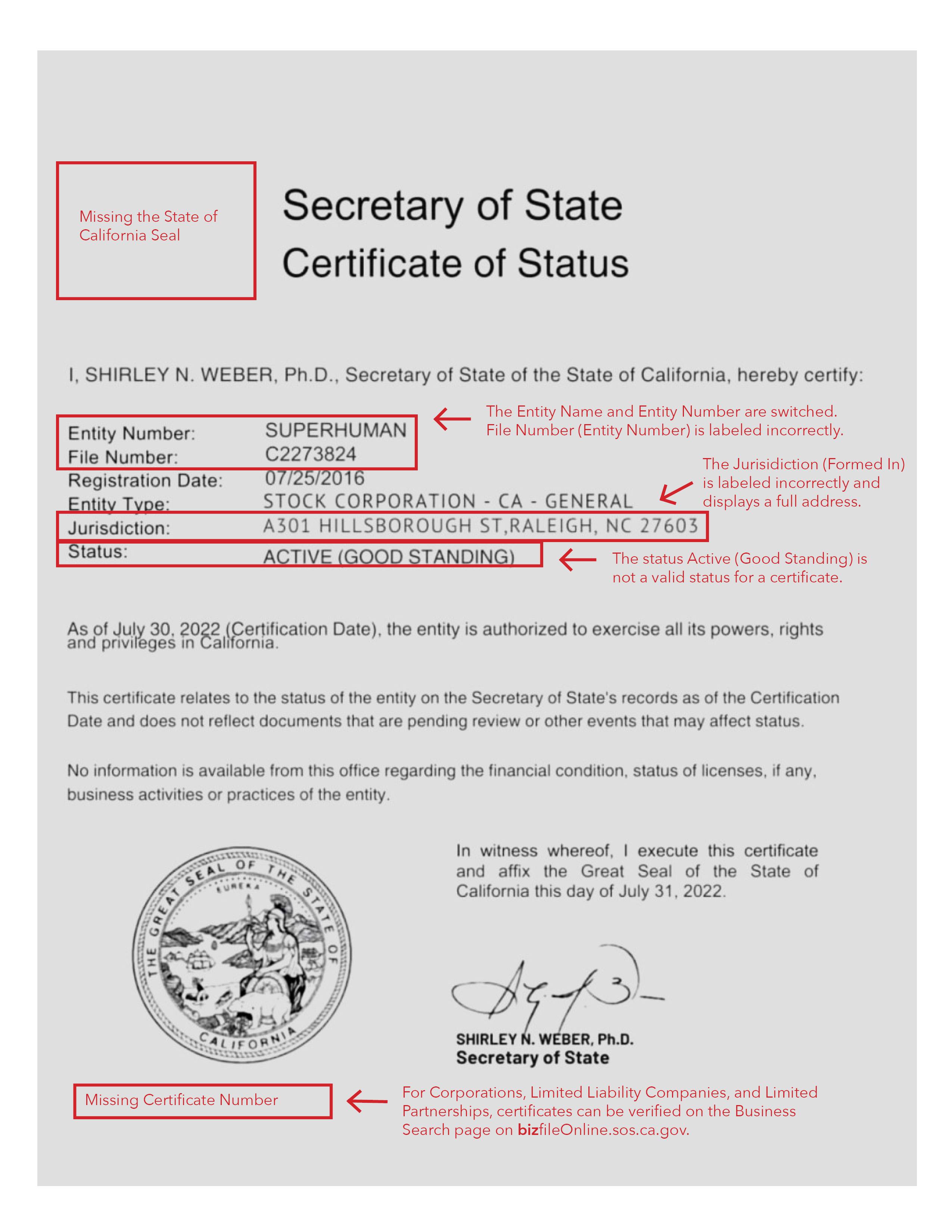 Fraudulent Certificate of Status Example 2